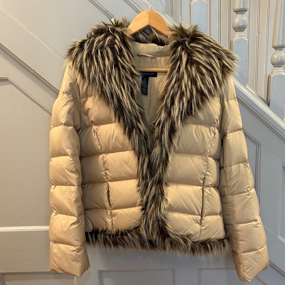 INC International Concepts Beige Puffer Jacket with Faux Fur